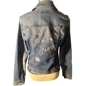 Old Navy Painted "Best Friend" Denim Jacket Women Size Medium Flowers